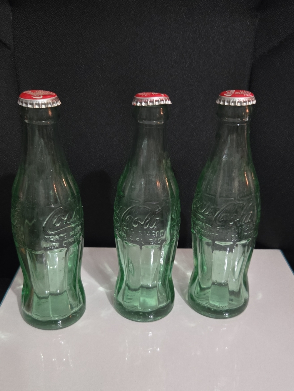 Vintage Coca-Cola Green Glass Bottles Reproduction with Red Caps - Trio